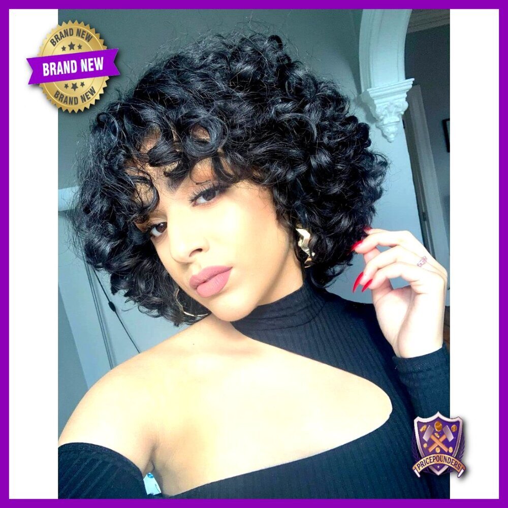 Short Curly Bob Wig Human Hair Pixie Cut with Bangs Fluffy Retro Chic